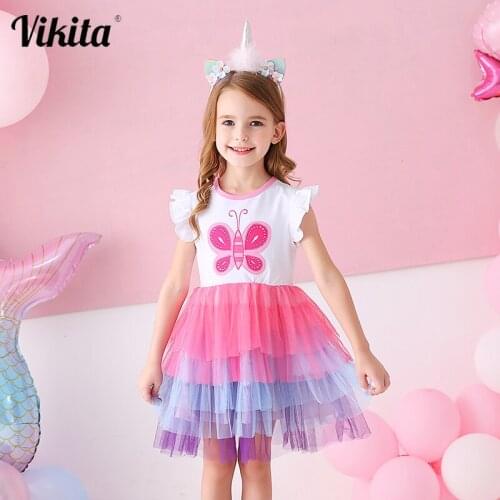 VIKITA Kids Summer Dress for Girls Tollders Princess Dress Girls Butterfly Tutu Dresses Children Birthday Party Layered Dresses