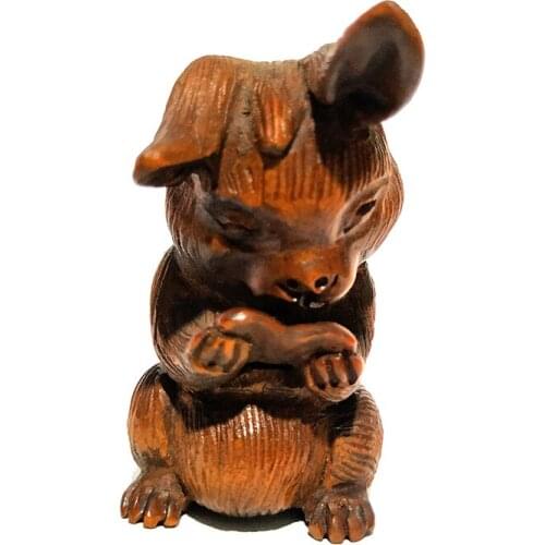 Y5171 - 2" Hand Carved Japanese Boxwood Netsuke Figurine Carving : Lovely Rabbit Reading