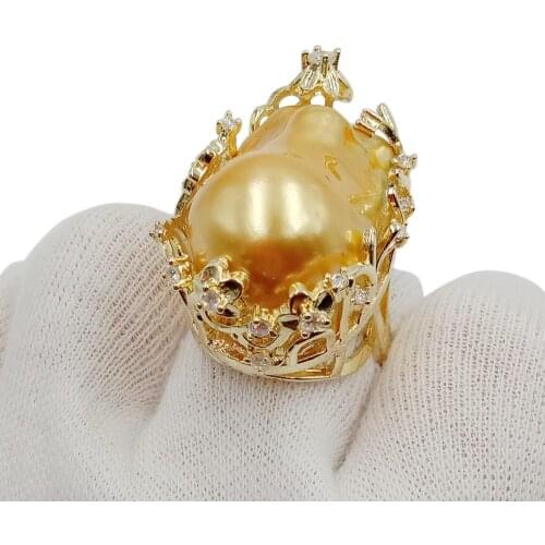 High quality golden baroque pearl ring ,100% FRESHWATER PEARL RING, big baroque pearl ring .20x30 mm pearl, plating gold color