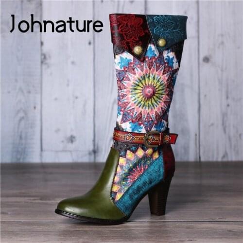 Johnature Women Shoes Long Boots Genuine Leather 2021 New Winter Warm Mixed Colors Embroidery Cloth Zip Vintage Platform Boots