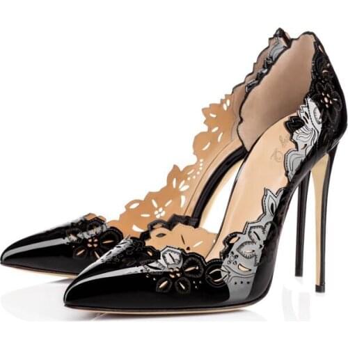 New fashion Hollow Carved flower high heel pointed toe patent leather high heel woman shoes black white color plus size 45