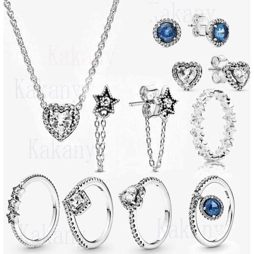 2019 100% 925 Sterling Silver Heart-shaped Blue Round Glitter Earrings Suitable For Diy Womens Original Fashion Jewelry Gifts