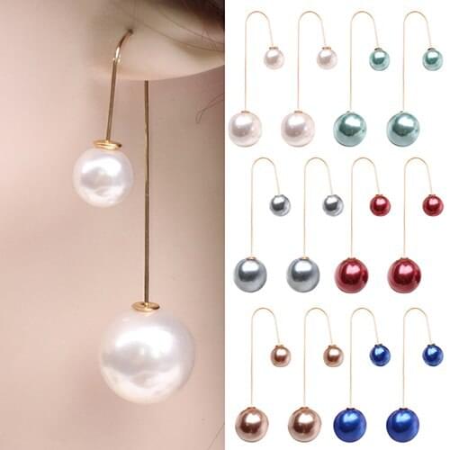2016 Women U-Shaped Double Sided Faux Pearl Ball Drop Dangle Earrings Party Jewelry ARD7