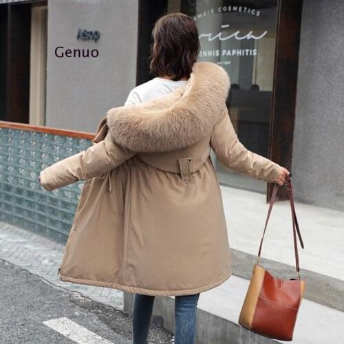 Women Padded Coat Hooded Mid-Length Big Fur Collar Down Cotton Liner Jacket Female Thick Winter Plus Size Outerwear Warm