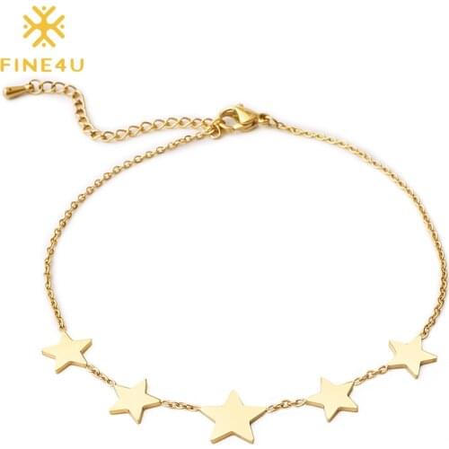 FINE4U B212 Rose Gold Color Link Chain Bracelet For Women Stainless Steel Small Stars Charms Bracelets Dainty Jewelry Gifts