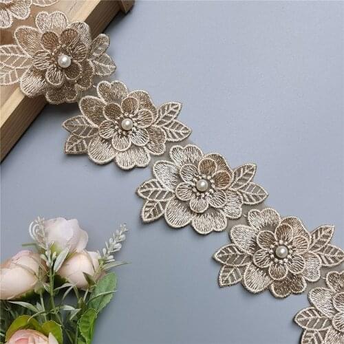 1 yard Gold Pearl Flower Embroidered Lace Edge Trim Ribbon Fabric Patchwork Wedding Dress DIY Sewing Supplies Craft 8cm Width