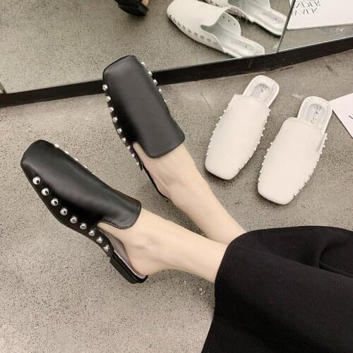 2020 Square toe slippers Rivet decoration Pure color fashion outdoor slippers PU leather comfortable soft casual shoes U30-11