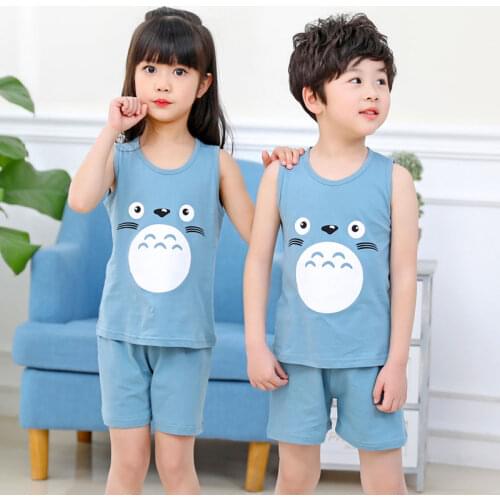 Children Pajamas Summer Clothing Set For Boys Girls Vest Tops + Short Pants Shorts Sleepwear Cartoon Totoro Cotton Kids Pyjamas