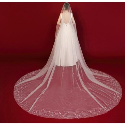 Stunning Full Beading Pearls Long Bridal Veils One Layer Veils For Bride