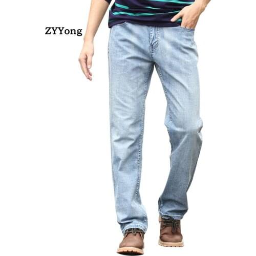 Summer Thin Section Big Size Man Pants Straight baggy Breathable Denim Trousers Fashion Light Blue Elastic Business Jeans