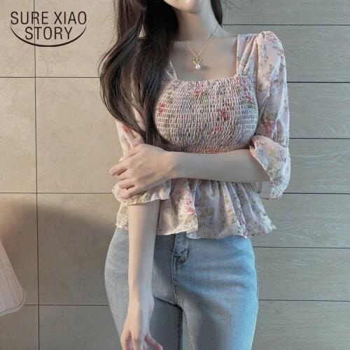 Summer Cute Short Chic Tops Hot Sales Women Korean Japanese Flhjlwoc Style Design Pink Floral Ruffled Vintage Peplum Tops 14399