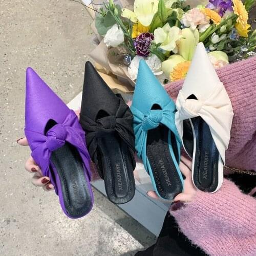 Fashion casual solid color bow pointed toe ladies flat slippers summer new temperament Muller shoes elegant