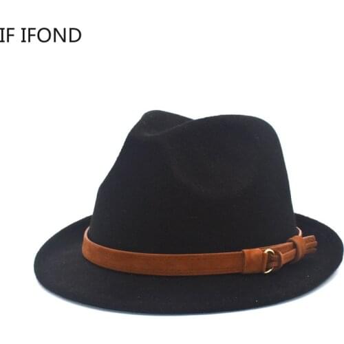 Mens Gentleman Winter Autumn Wool Church Felt Fedora With Fashion Leather Black Feminino Derby Bowler Jazz Hat