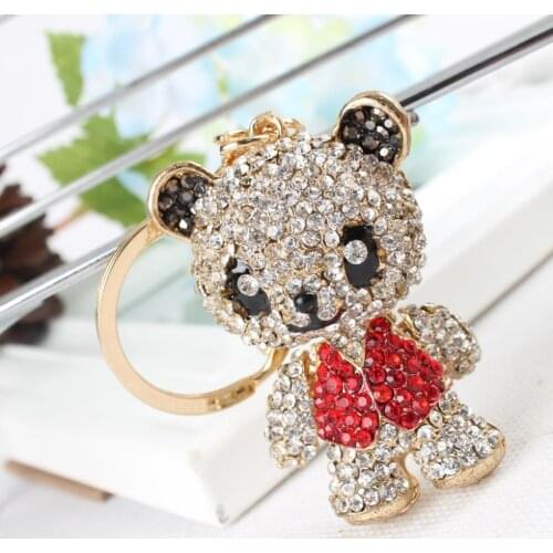 Panda Skirt Red Arm Head Move Pendant Charm Cute Rhinestone Crystal Purse Bag Car Key Ring Chain Jewelry Gift