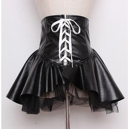 Flare Tulle PU Leather Wide Belt VD1299 Women Punk Black Slim Waist Corset Belt Fashion Tide All-match