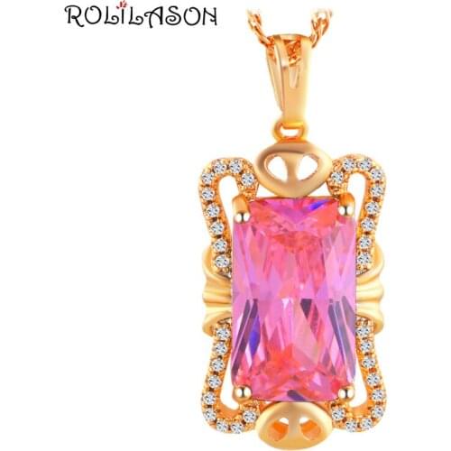 ROLILASON New Designer Brand Romantic Pink Zircon Gold Tone Fashion Jewelry Pendant for Lover LNS637