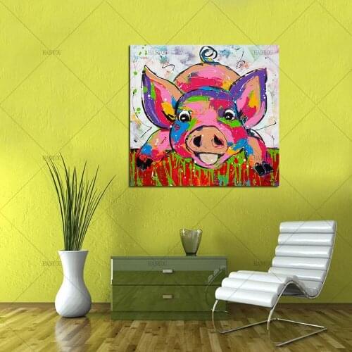 Hand Painted Modern Abstract Cartoon Animal Oil Painting On Canvas Lovely Pink PigWall Art For Living Room Home Decor Unique Art