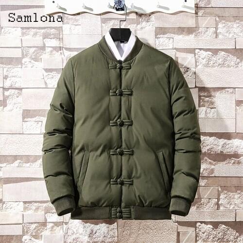 Samlona 2021 European and American New Fashion Men Cotton Parkas Coats Winter Slim Fitted Jacket Buckle Decoration Mens Clothing