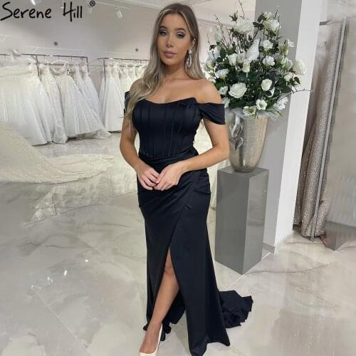 Serene Hill Black Mermiad Split Evening Dresses Gowns 2021 Elegant Simple Satin Sexy For Women Party LA71337