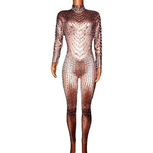 Sparkling Full Rhinestones Pearl Tights Jumpsuit Long Sleeve Backless Shiny Costume Women Nightclub Dance Show Wear Stage Outfit