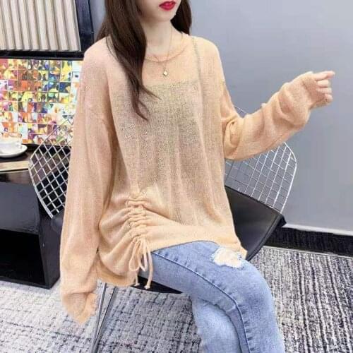 Spring Autumn Women Casual Sweater Thin Loose Female Pullover O-neck Hollow Out Knitted Drawstring Long Sleeve Ladies Sweaters