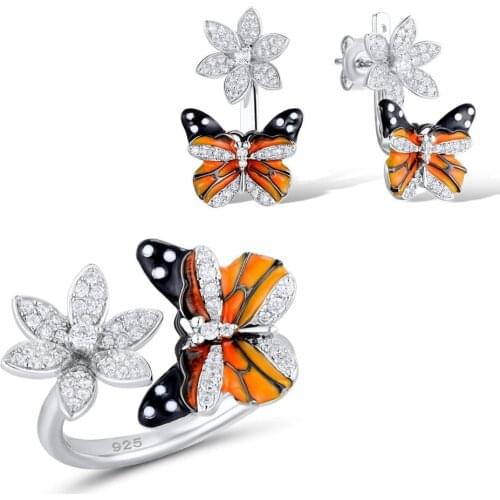 Bohemia Jewelry Sets For Women High Quality Enamel AAA Zircon Butterfly Flower Earrings Ring Eleant Bridal Wedding Jewelry Set