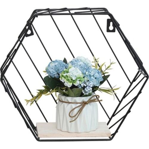 Iron Metal Wood Wall Storage Shelf Rack Industrial Style Hexagonal Wood Iron Craft Wall Book Hanging Rack