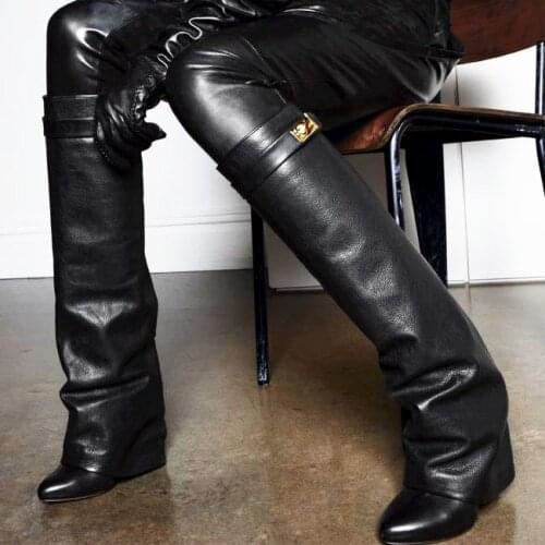 Silver Metal Shark lock Knee high Boots White Women Pointed Toe Leather Wedge Increase Height High Heel Shoes Over The Knee boot