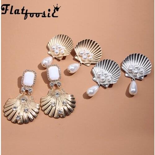Flatfoosie 2019 Trendy Drop Earrings Statement Simple Freshwater Pearl Irregular Metal shell Earring Ladies Temperament Earring