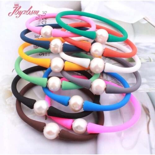 10mm Round Freshwater Pearl Casual Waterproof Silicone Bracelet Colorful Bracelet XMAS Gift for Lover Bangle Bracelet 1 Pcs