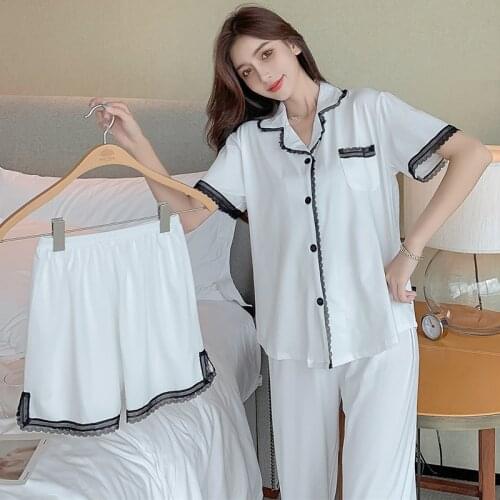 3PCS Short Sleeve Long Pants Pajama Sets for Women Summer Cute Lace Shorts Sleepwear Pyjamas Homewear Pijama Mujer Home Clothes