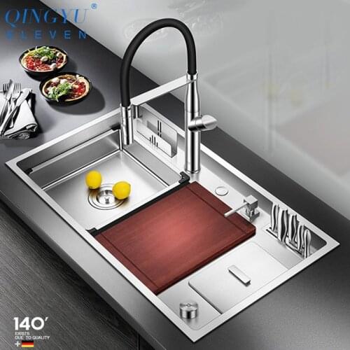 Large Size Kitchen Sink 304 Stainless Steel 4mm Thickness Handmade Brushed Single Kitchen Sinks With Trash Can And Knife Shelf