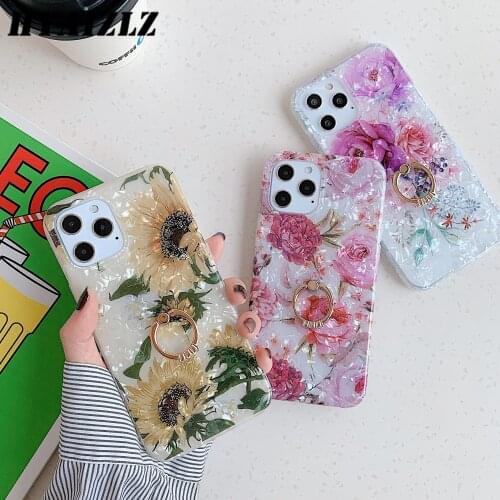 Luxury Marble Flower Case for iPhone 12 Mini SE 2020 11 Pro Max XS X XR 7 8 Plus Dream Shell Soft Cover with Ring Holder Stand