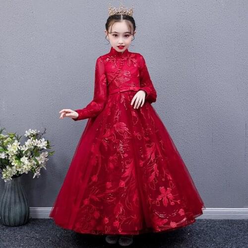 Flower Girl Dresses Pearls Sequined Embroidery High Sashes Luxury Red Princess Floor-Length Tulle Lace Full Kids Party Gown H247