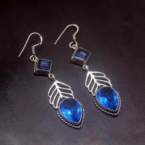Hermosa Jewelry Perfect Ocean BlueTopaz Silver Color For Women Ladies Hook Drop Dangle Earrings 2 5/8 Inch HD857