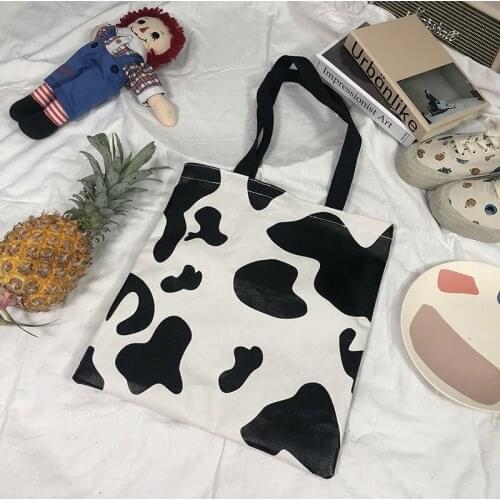 Canvas Bags Women Cow Pattern Shopping Bag Harajuku Sweet Girls Casual Totes Korean Leisure Popular Large Shoulder Bag Female