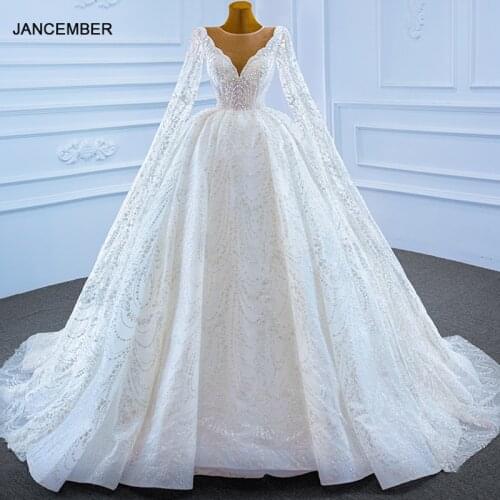 J67228 Super Long Sleeve Custom Wedding Dress 2021 For Woman Pearls Ball Gown Lace Up Back Appliques
