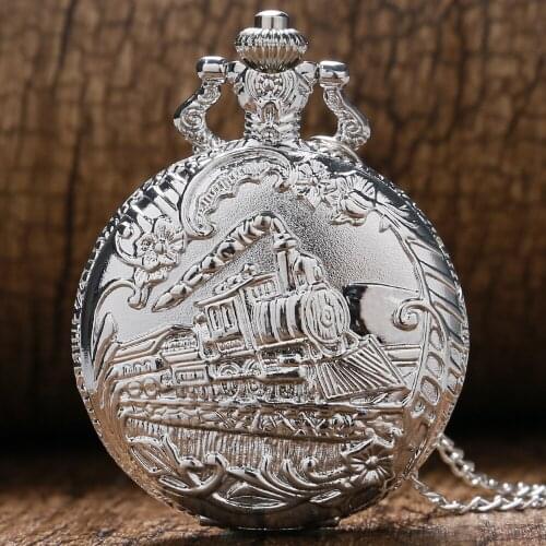 Classic Silver Pocket Watch Train Front Locomotive Engine Necklace Pendant Chain Quartz Analog Fob Watch reloj de bolsillo