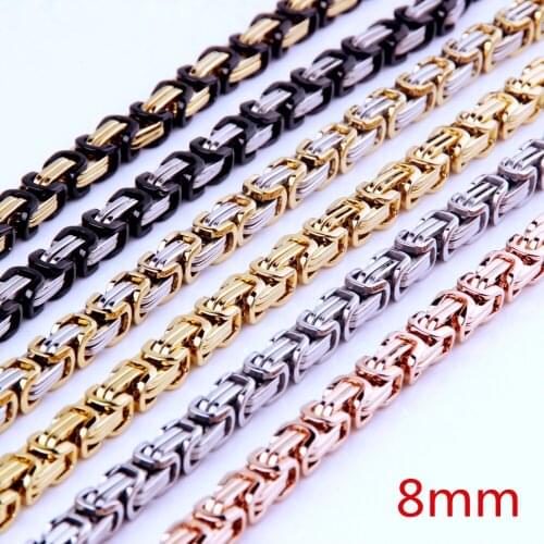 Silver Color Gold Black Rose Gold Color Stainless Steel Byzantine Link Necklace Fashion Mens Box Chain Jewelry 8mm Width