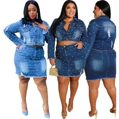 FNOCE 2020 new womens jeans sets fashion casual large size Rivet solid long sleeve short denim coets tight skirts 2-pc suits