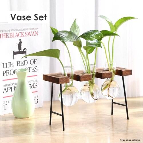 Creative Wooden Frame Glass Vase Hydroponic Plant Vase Vintage Flower Pot Table Desktop Bonsai Flower Vase Home Decoration