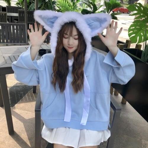 Cute Japanese Womens Faux Fur Cat Ears Fluffy Hoodies Winter Plus Velvet Lolita Sweatshirt Sweet Girl Neko Bowknot 2019 Outwear