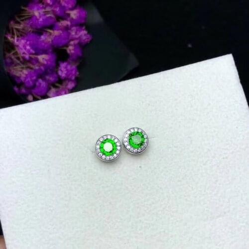 Natural green diopside stud earrings Natural gemstone earrings Elegant small round S925 silver girl women party gift jewelry