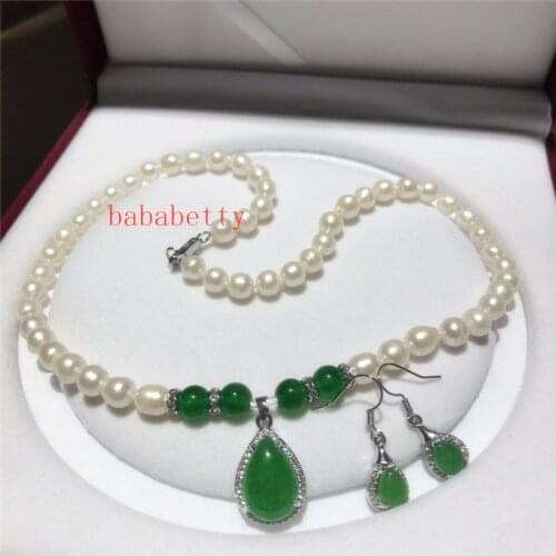 New Natural White Freshwater Pearl 7-8MM Rice Necklace 19" Green Jadestone Pendant Earrings inlay Set Women
