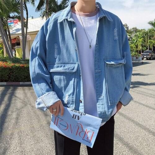 Wholesale 2020 teenagers street Denim jacket male spring long-sleeve Korean student handsome loose ripped hole wind jacket top