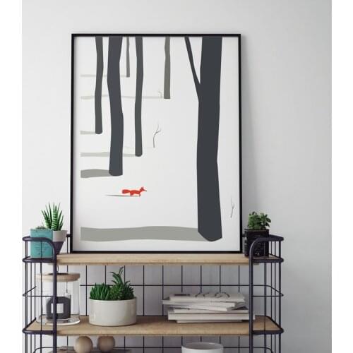 Winter Landscape Poster Canvas Painting With Forest And Fox Canvas Art Print Wall Picture Nordic Landscape Tree Home Decoration