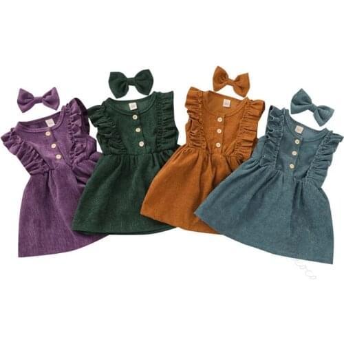 2021 Baby Summer Corduroy Dress Clothing Kids Baby Girls 2-piece Outfit Set Sleeveless Solid Color Dress+Bowknot Hairpin Set