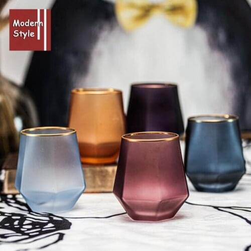 TECHOME Elagant Style Transparent Diamond Shaped Water Cup Gold Rim Glass Cup Home Drinking Cup Polygon Matte Milk Cup Wine Cup