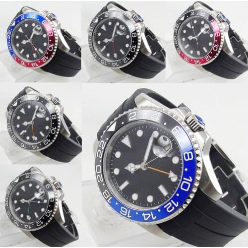 Luxury Automatic Men Wristwatch Sapphire Glass Date GMT Function Rotating Bezel Rubber Strap 40mm Silver Color Case