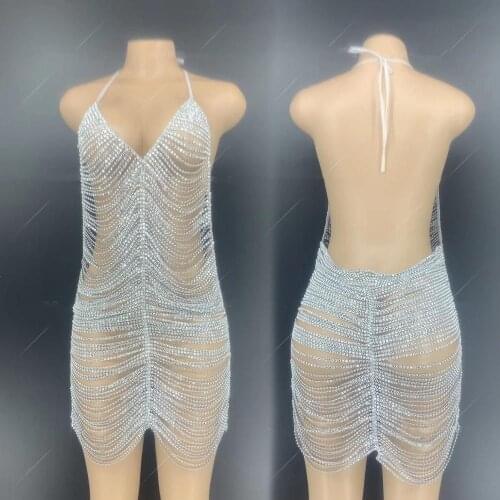 Sexy nightclub costume Chain dresses women singer stage show wear Rhinestones Chains Backless Short Dress